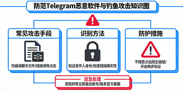 防范Telegram相关恶意软件与钓鱼攻击知识图 - 安全锁与警告标志