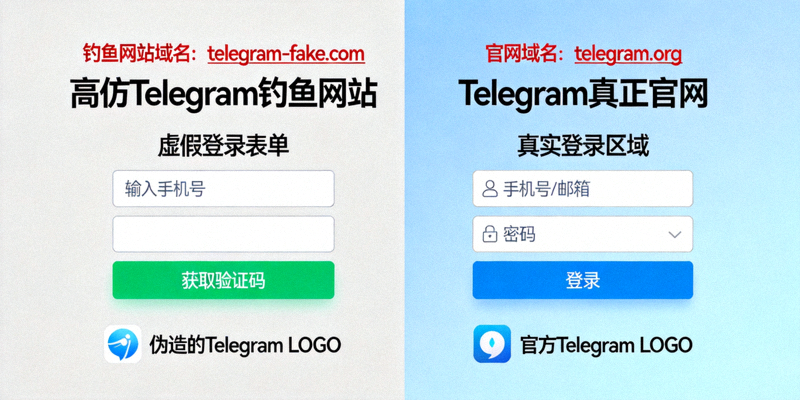 高仿Telegram钓鱼网站与真正官网的对比图 - 展示域名差异与页面布局区别