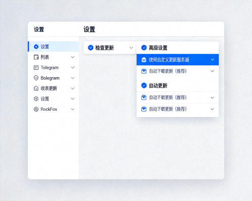 Telegram Desktop客户端设置中的检查更新选项截图 - 显示高级设置与自动更新菜单