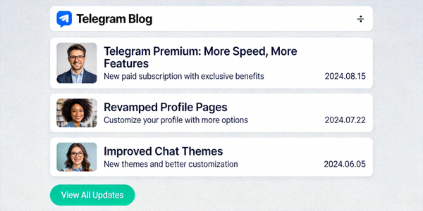 Telegram官方博客页面截图 - 显示最新的功能更新博文列表