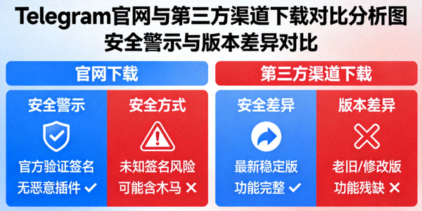 Telegram官网与第三方渠道下载对比分析图 - 安全警示与版本差异对比