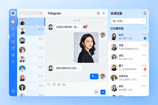 Telegram桌面版快速回复与收藏消息功能界面截图 - 展示侧边回复栏与已收藏标签