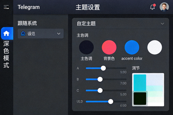 Telegram桌面版深色模式与主题设置界面截图 - 展示跟随系统选项与自定义主题面板